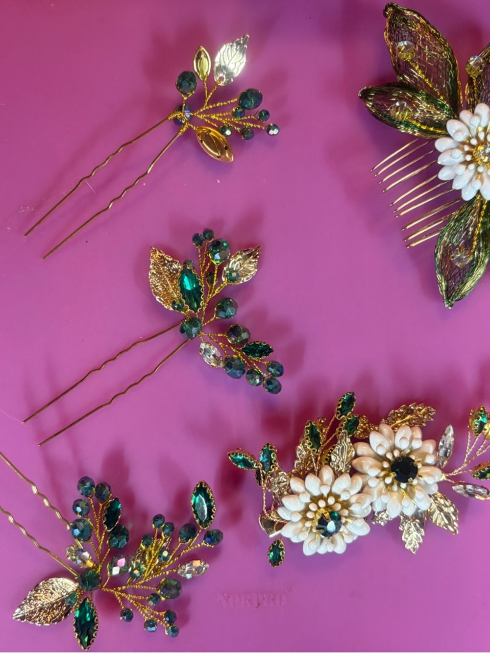 Gold and Emerald Floral Hair Pins and Comb - Women Accessories